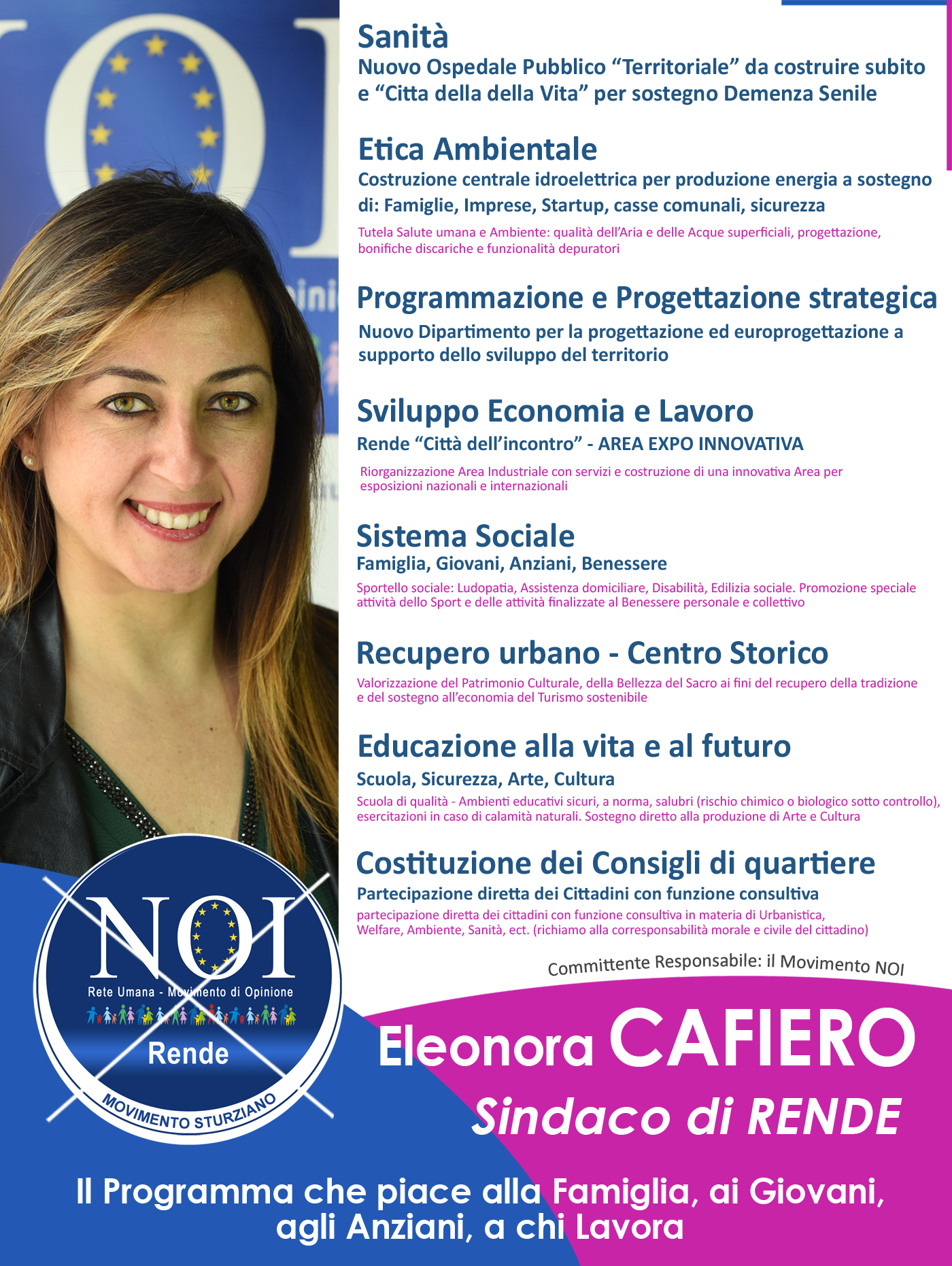Il programma sostenibile e concretamente realizzabile del Movimento NOI con Eleonora Cafiero Candidata alla fascia tricolore della Città di Rende